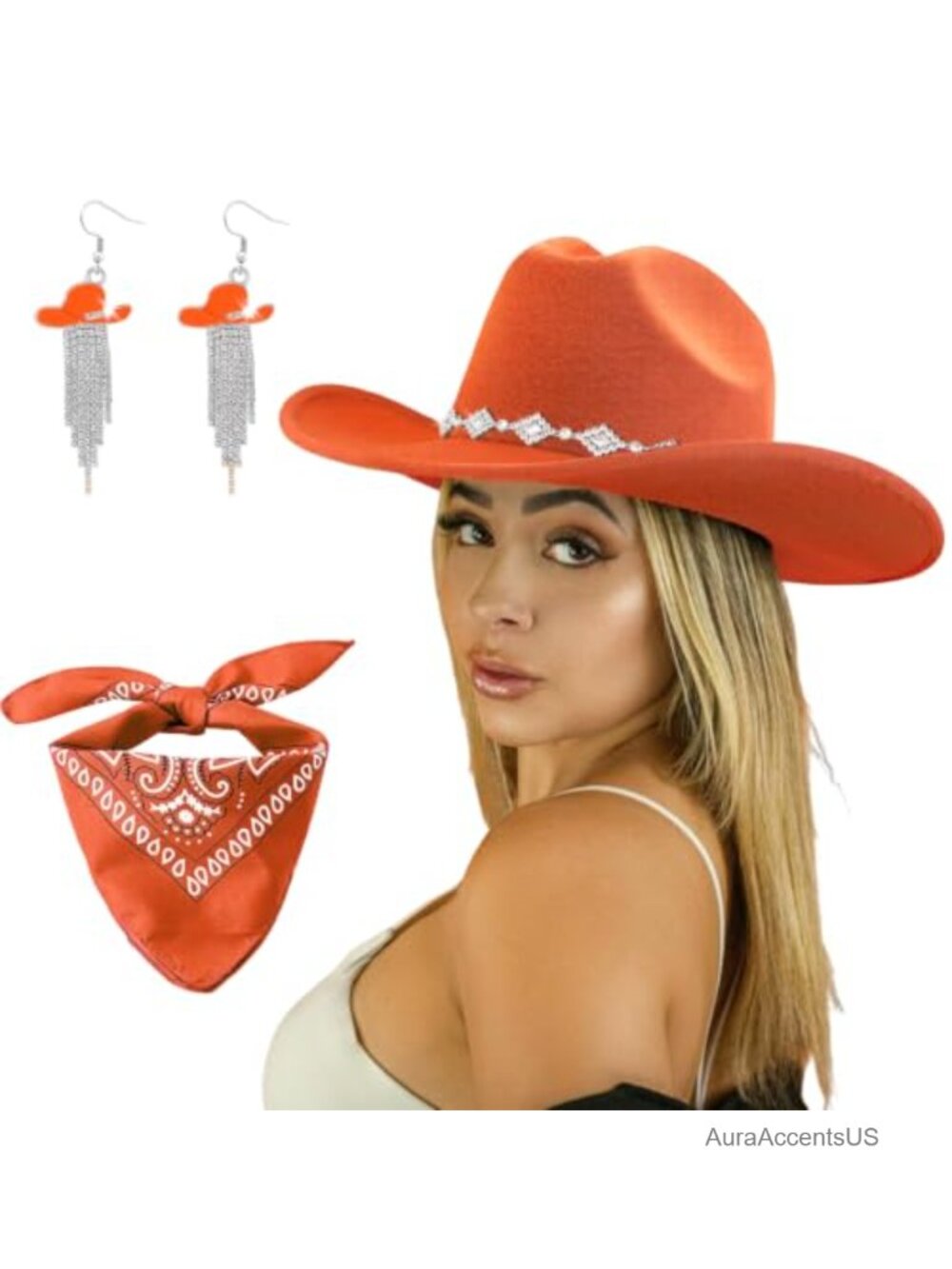 Wide Brim Rhinestone Cowboy Hat with Bandana & Tassel Earrings Set